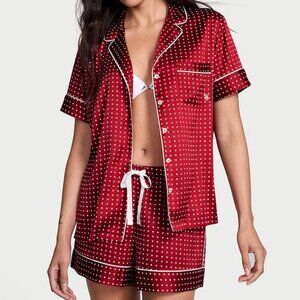 Victoria's Secret Satin Short Pajama Set in Size LargeR ed Lacquer Polka Dot NWT